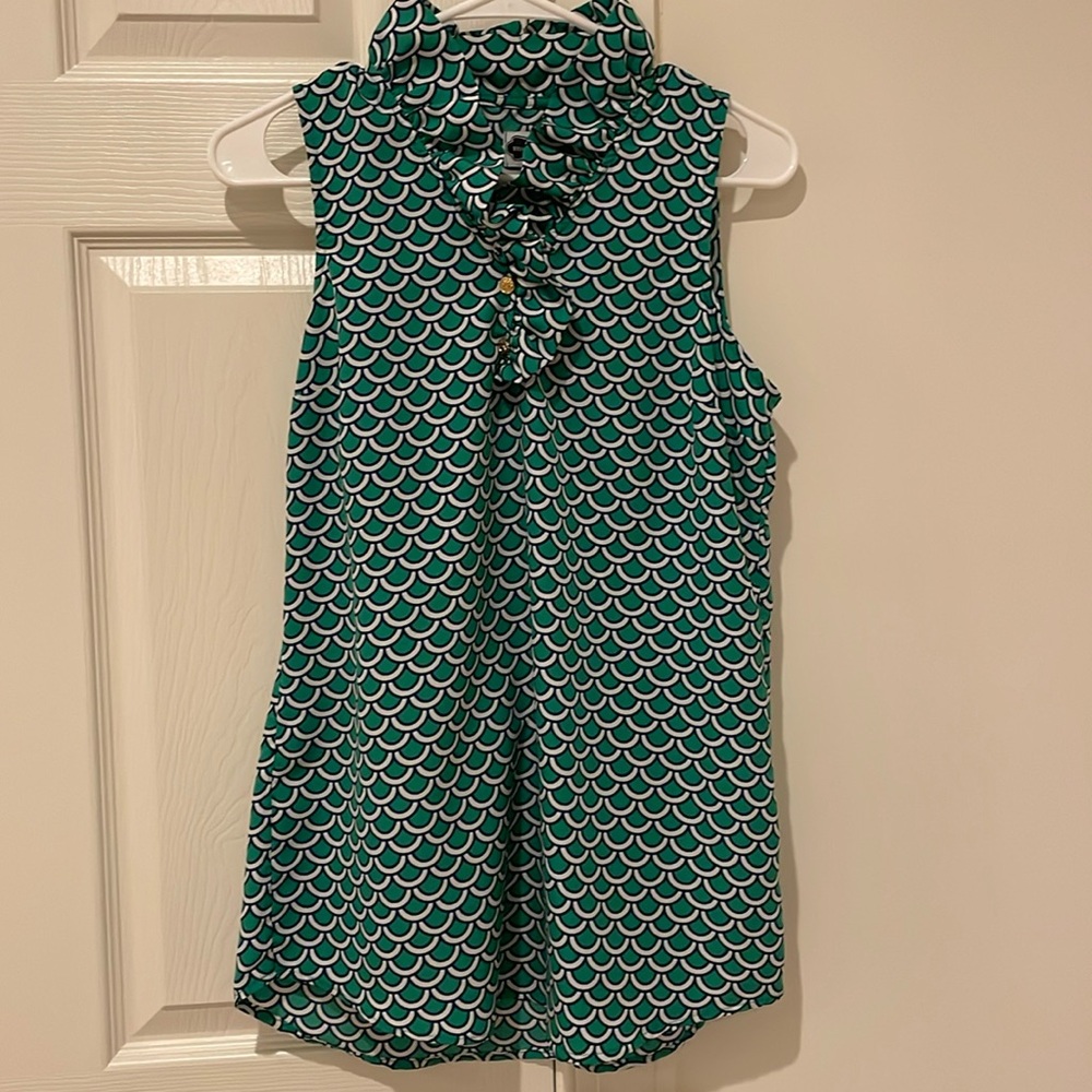 Ruffle neck green sleeveless blouse